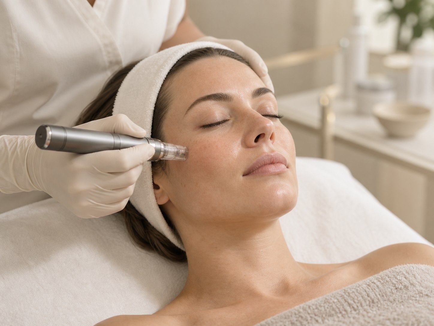 A practitioner performing a facial treatment