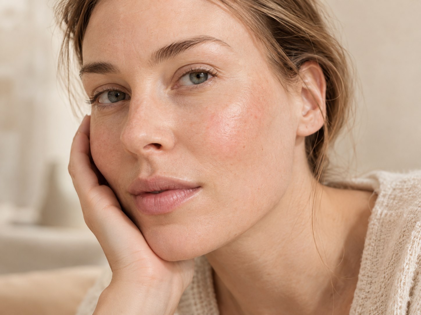 A close portrait showing a calm complexion